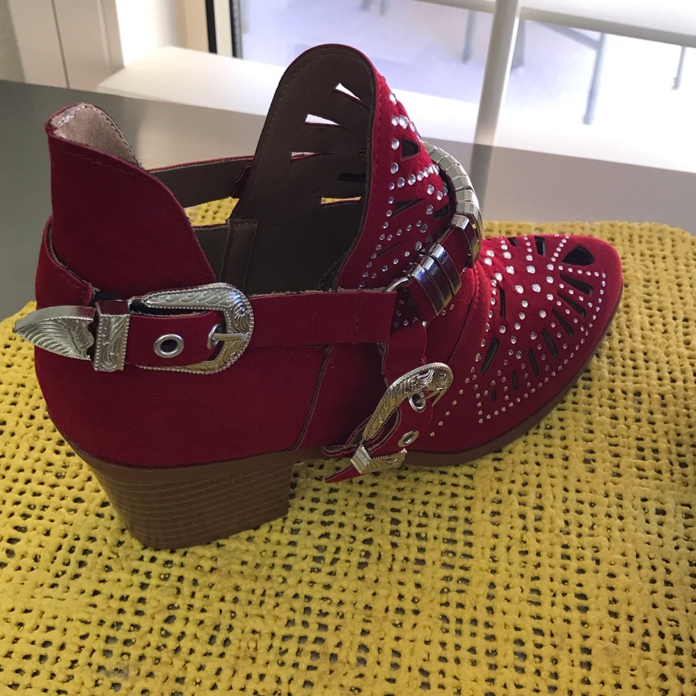 Red Studded Western Ankle Boots with Silver Buckles - Picture 3 of 11